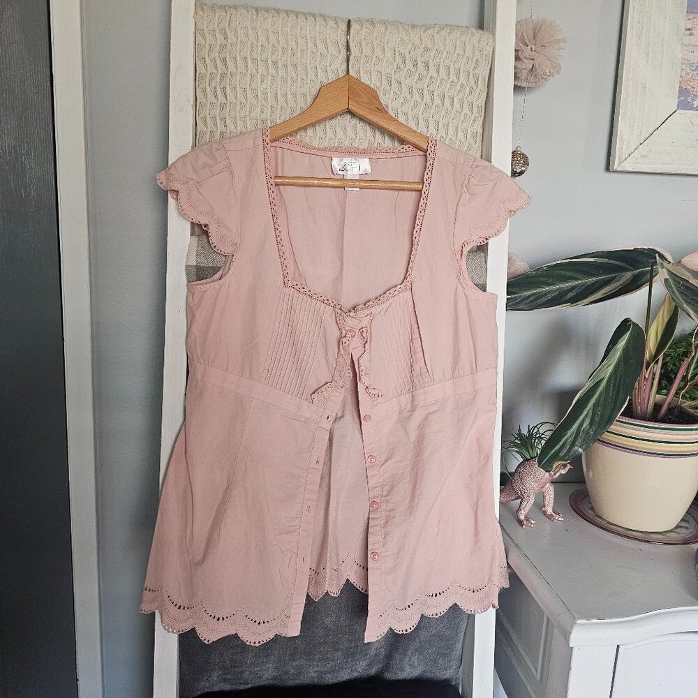 LOFT Peach Peasant Top | Size 8 | Lace Trim & Cap Sleeve Blouse
